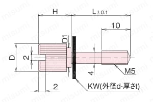黄銅 ローレットツマミ（スリ割 段付 胴細・ワッシャ組込）/NB-F-N 外形図3