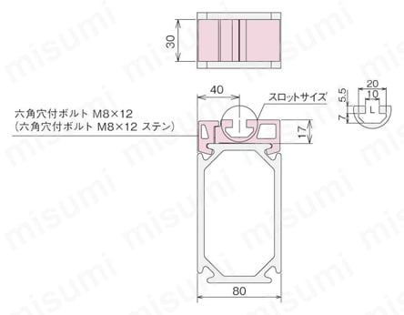 ZFシリーズ 架台用アルミ構造材 Tスロットトップ ピラー ZFA-001外形図