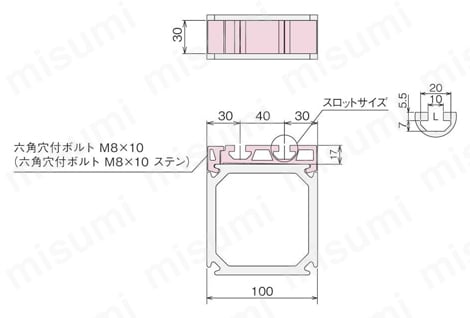 ZFシリーズ 架台用アルミ構造材 Tスロットトップ ピラー ZFA-004外形図