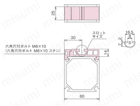 ZFシリーズ 架台用アルミ構造材 Tスロットトップ ピラー ZFA-613外形図
