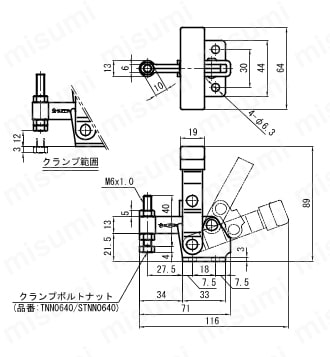 下方押え型トグルクランプ（垂直ハンドル式） TDP TDP40F/STDP40F外形図