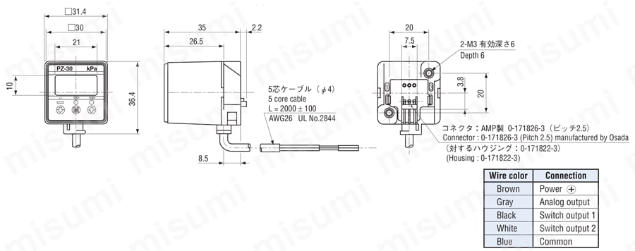 センサ分離型圧力表示器 外形図2