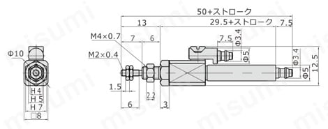【在庫品】ペンシリンダ PBシリーズ φ4(磁石なし)(R形)外形図