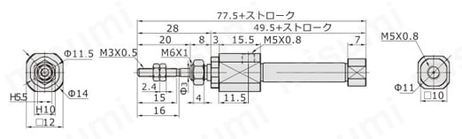 【在庫品】ペンシリンダ PBシリーズ φ6(R形)外形図