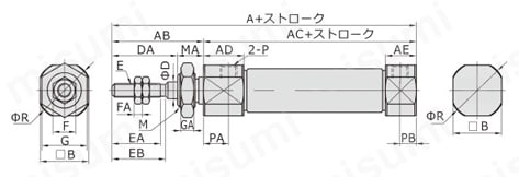 【在庫品】ペンシリンダ PBシリーズ φ10~φ16U形(90°方向ポート形)外形図