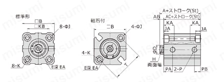 【在庫品】薄型シリンダ ACQシリーズ 【標準形】（内径12,16）外形図