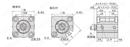 【在庫品】薄型シリンダ ACQシリーズ 【標準形】（内径20,25）外形図