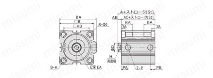 【在庫品】薄型シリンダ ACQシリーズ 【標準形】（内径32~100）外形図