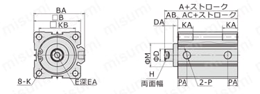 【在庫品】薄型シリンダ ACQシリーズ 【ロングストローク形】外形図