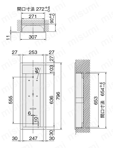 消火器ボックス 半埋込 KS-FEH201/KS-FEH205 施工ブラケットKS-FEH410使用時詳細図