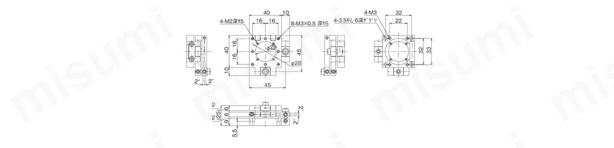 アライメント用二軸傾斜フィックスステージ TD-A4051FX 寸法図