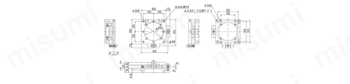 アライメント用二軸傾斜フィックスステージ TD-A6051FX 寸法図