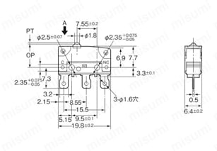 シール形超小形基本スイッチ 【D2SW-P】 外形図