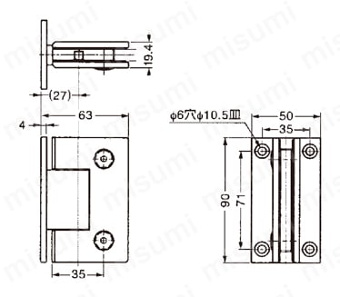 ステンレス鋼製ガラスドア用自由蝶番 BK012-90型 （壁取付タイプ）（強化ガラス用） 外形図