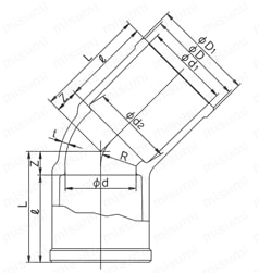 U-PVC TS 45°ベンド 外形図