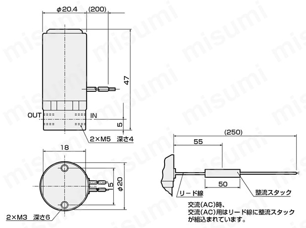 食品製造工程向け 小形 直動式2ポート電磁弁USB2-FP2シリーズ 外形図