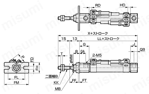 食品製造工程向け ペンシルシリンダSCPD3-FP1シリーズ ロッド側フランジ形(FA)外形図
