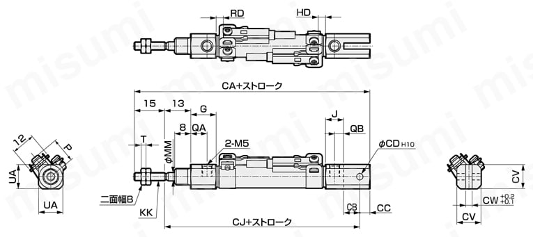食品製造工程向け ペンシルシリンダSCPD3-FP1シリーズ 二山クレビス形(CB)外形図