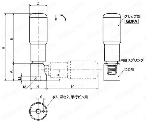 GFRA リトラクタブル回転グリップ 外形図