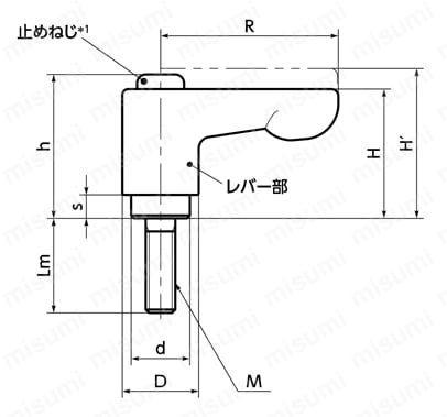 LHCM／LHCMS ミニクランプレバー（おねじ） - フラットタイプ 外形図