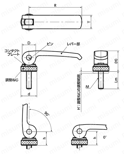 LWAMS-NI／LWAMS-ANI カムレバー（おねじ） - 調整タイプ - ステンレス製 外形図