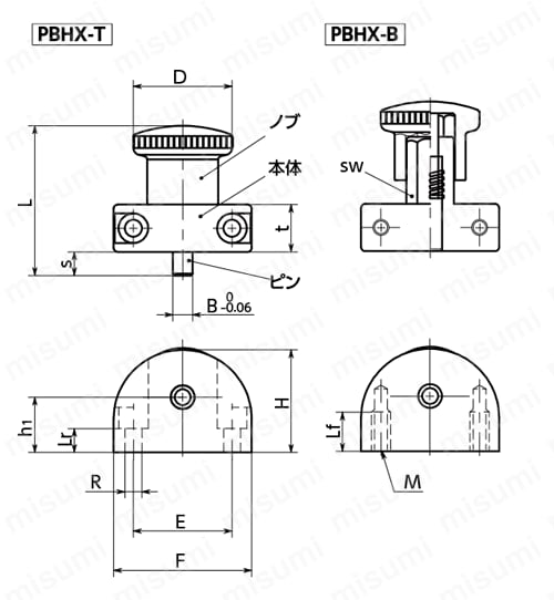 PBHX フランジつきインデックスプランジャ - コンパクトタイプ 外形図