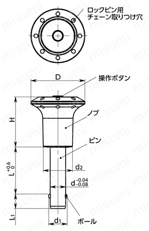 PCBLS ボールロックピン - ノブタイプ 外形図