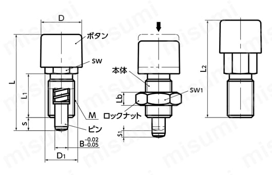 PXP インデックスプランジャ - ノック式ボタンタイプ 外形図01