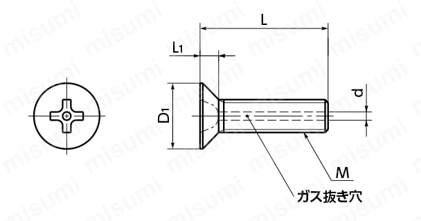 SVFT チタン十字穴付き皿小ねじ（ガス抜き穴つき）【1～10個入り】 外形図