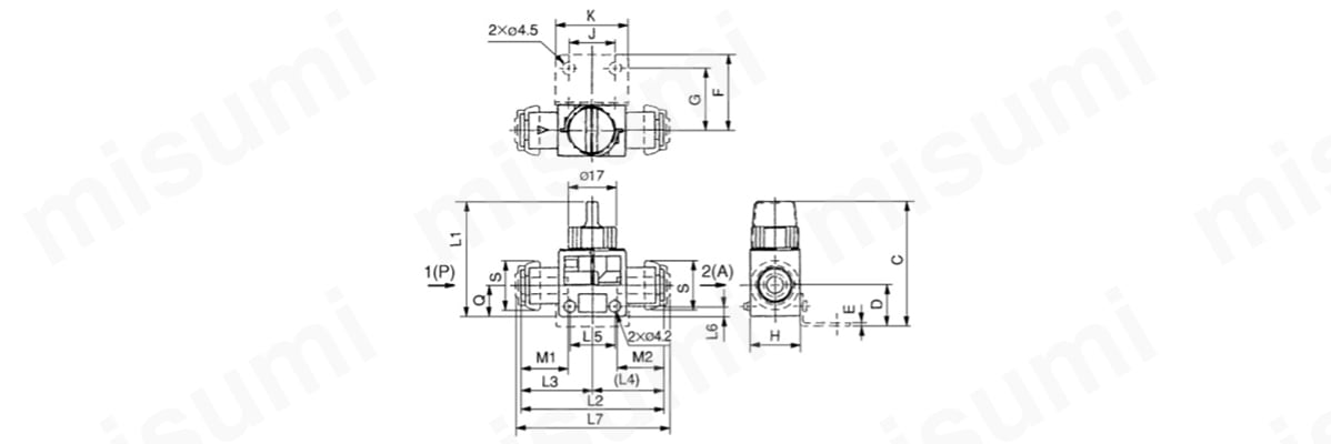 難燃タイプ：1（P）・2（A） - ワンタッチ管継手 寸法図