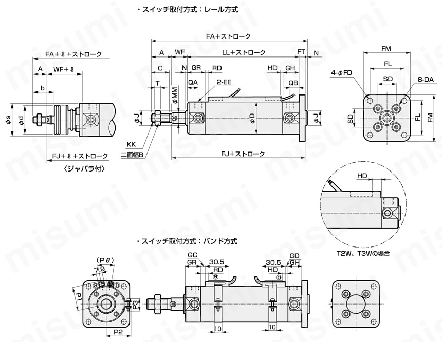 食品製造工程向け スーパーマイクロシリンダ SCM-FP1シリーズ ヘッド側フランジ形(FB)外形図