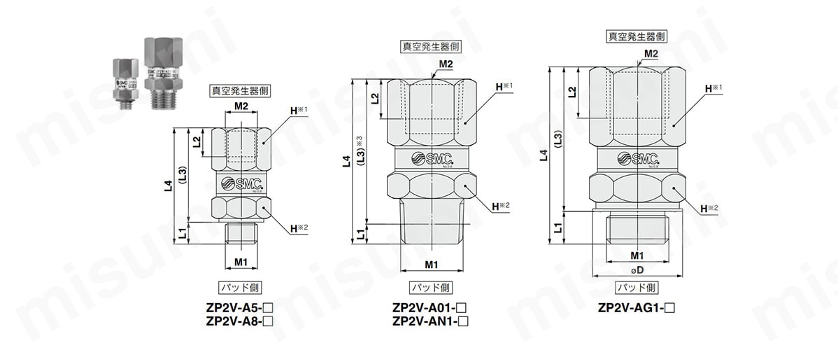 ZP2V-A5-□／ZP2V-A8-□／ZP2V-A01-□／ZP2V-AN1-□／ZP2V-AG1-□の寸法図