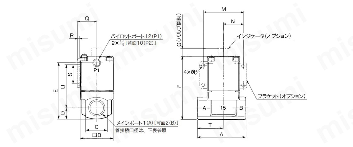 管接続口径／10A、15A、20A、25Aの寸法／構造図