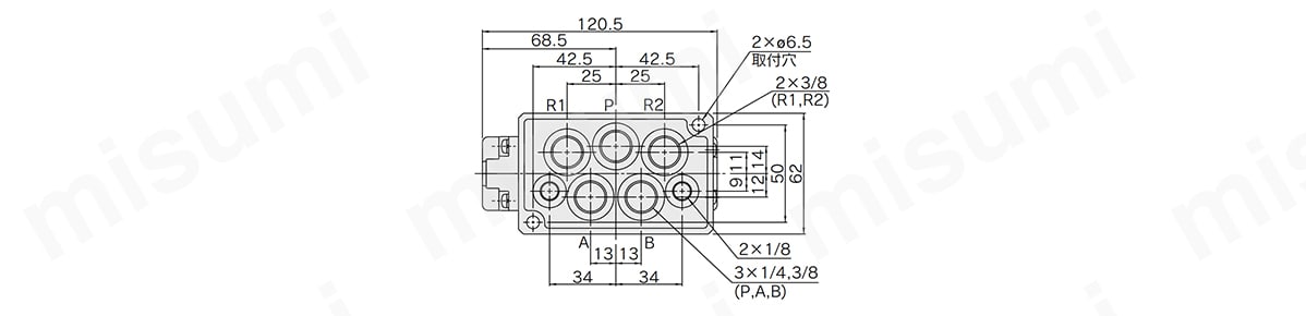 2位置シングル：VQ7-6-FG-S／2位置シングル（逆加圧）：VQ7-6-YZ-Sの裏配管寸法図