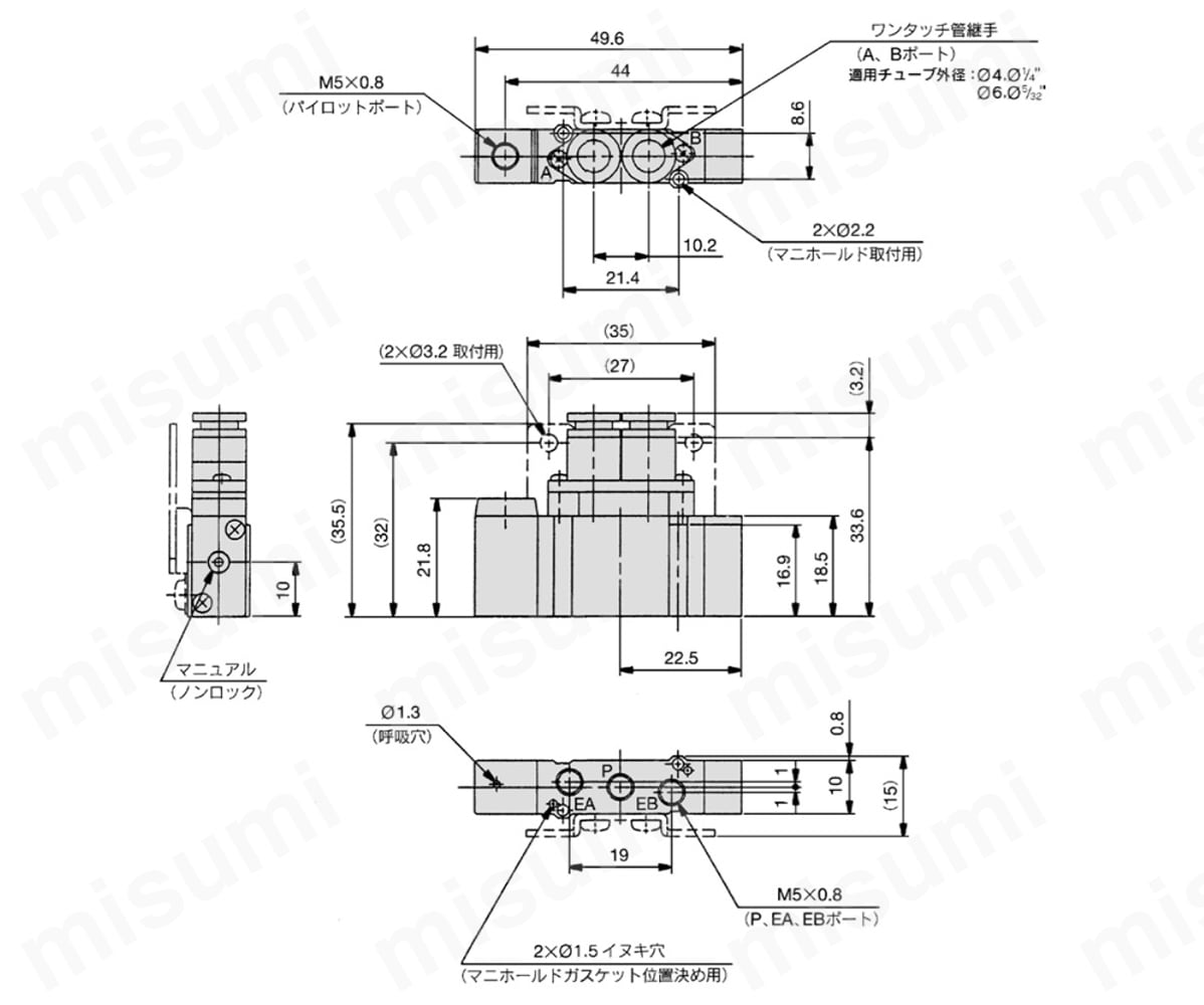 2位置シングル：SYA3120-C4／N3／C6／N7（-F2）の寸法図