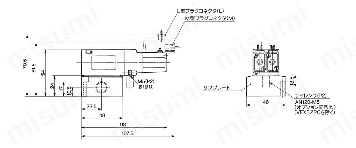 ベース配管形／VEX342□の寸法図
