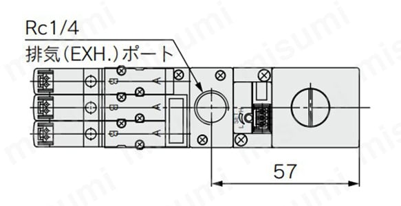 ZR1（10、13、15）□1-K1□M□□-E□□-□の構造・外形図（ノズル径／1mm、1.3mm、1.5mm）のポート排気仕様の場合