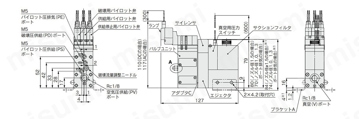 ZR1（10、13、15）□1-K1□M□□-E□□-□の構造・外形図2（ノズル径／1mm、1.3mm、1.5mm）