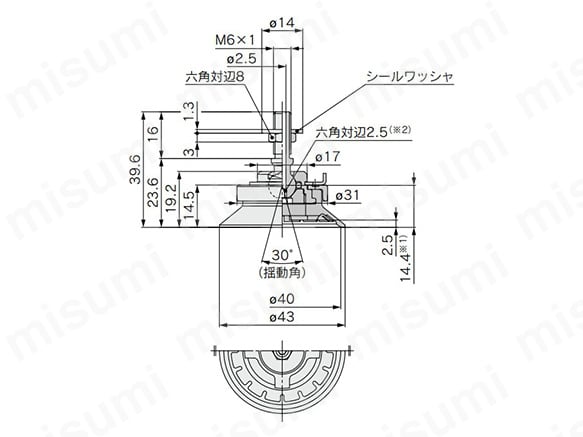 首振アダプタ付き：真空取出口が縦（ZP3E-TF32UM□-AL6）の寸法図