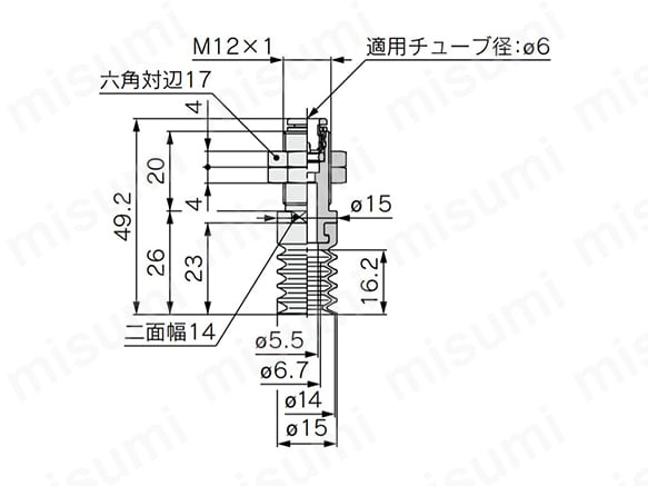 真空取出口：ワンタッチ管継手タイプ／ZP2-TB15ZJS□-AL12-06の寸法図