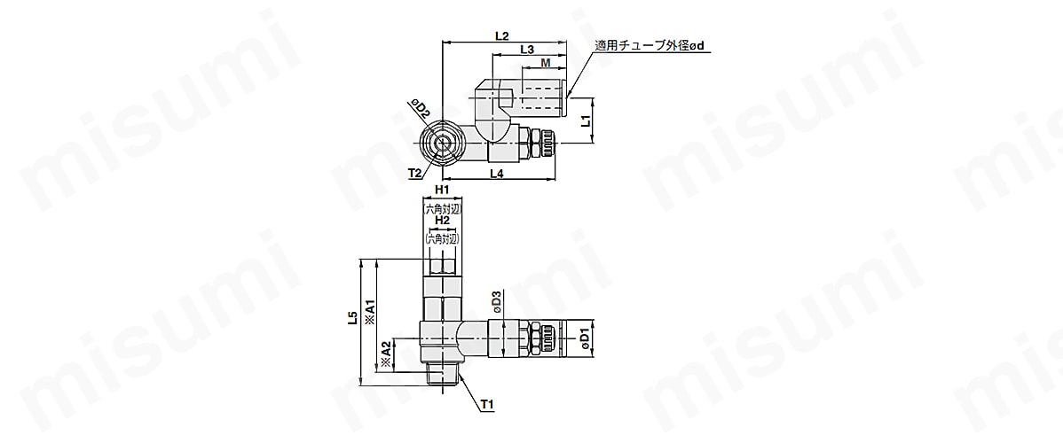 パイロットチェック弁付き スピードコントローラの寸法図（ミリサイズ）