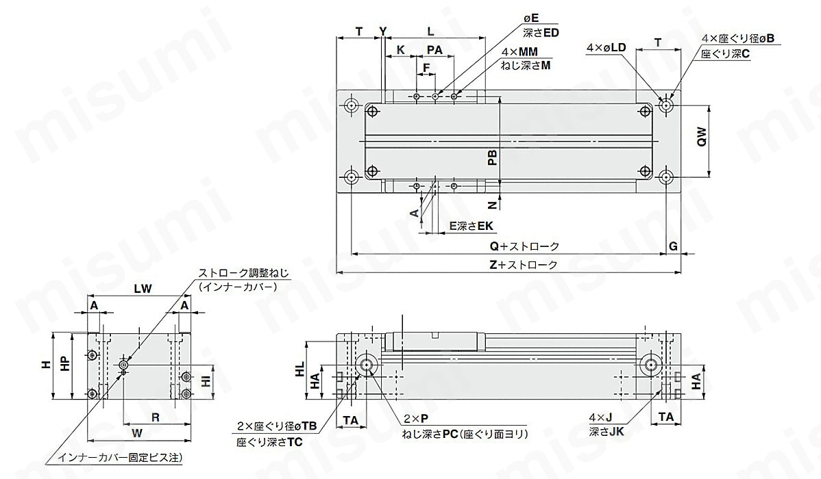 真空ロッドレスシリンダ CYVシリーズの寸法図