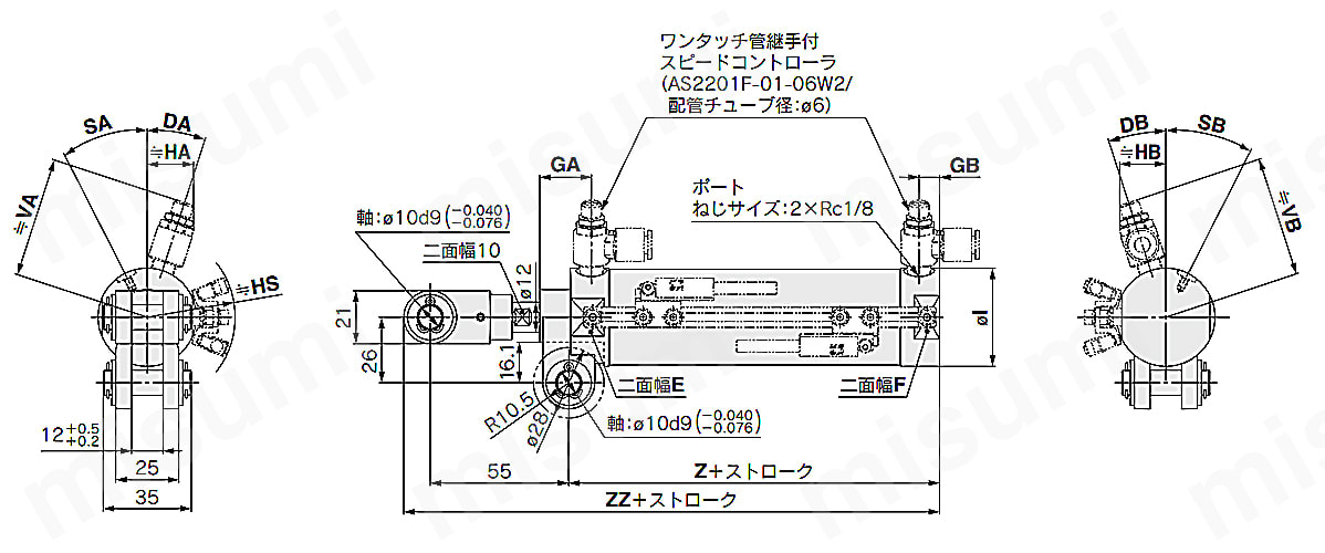 CK□B25、32、40の場合（クレビス幅記号：B）の寸法図
