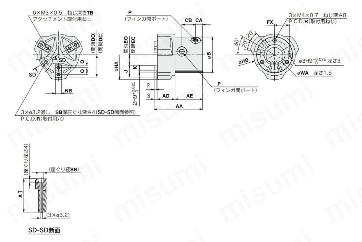 MHSJ3-16D～25Dの外形寸法図