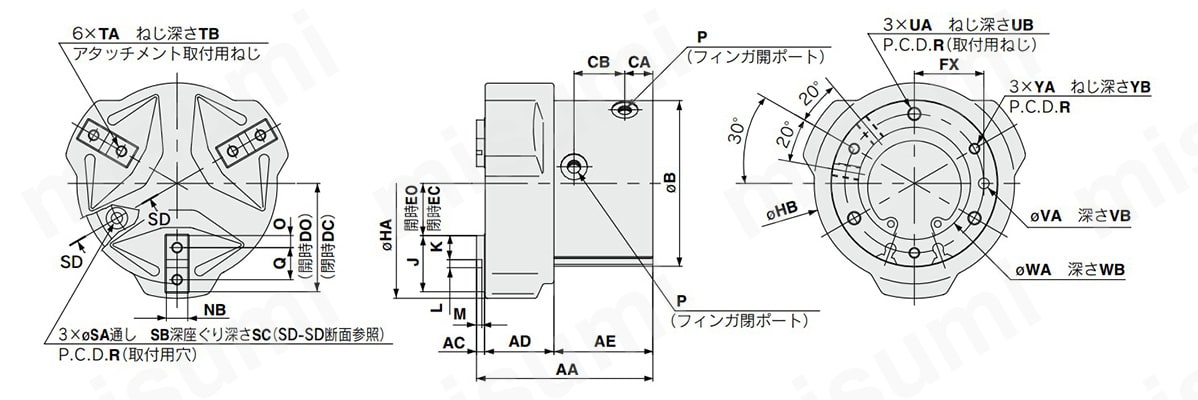 MHSJ3-32D～80Dの外形寸法図