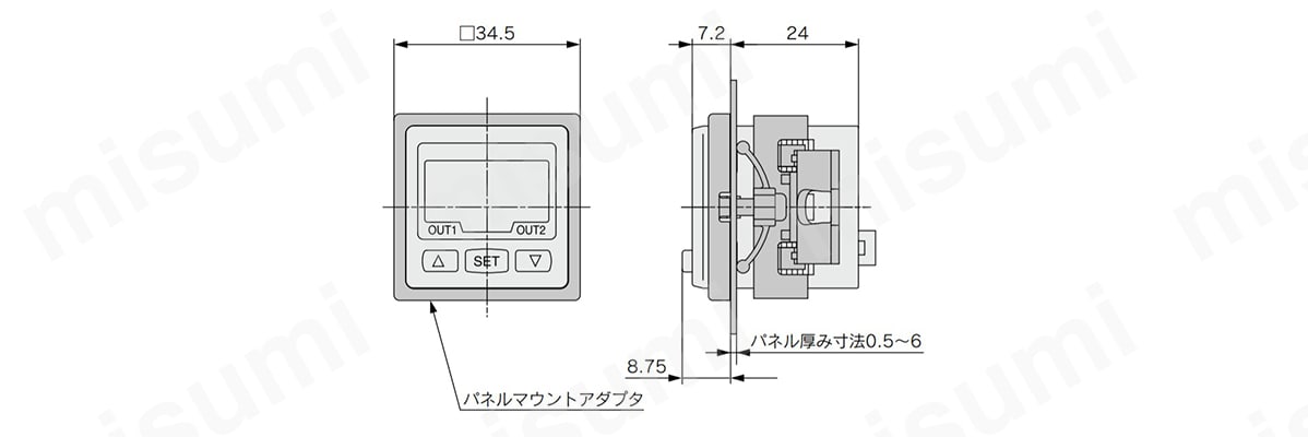 パネルマウントアダプタ付きの寸法図