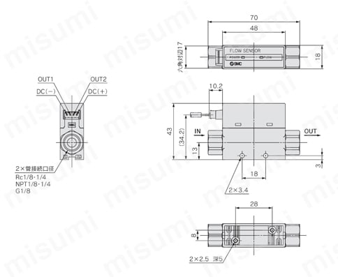 2色表示式 デジタルフロースイッチ 分離型センサ部 PFM5シリーズ PFM5□□-(N)01/(N)02/F01外形図