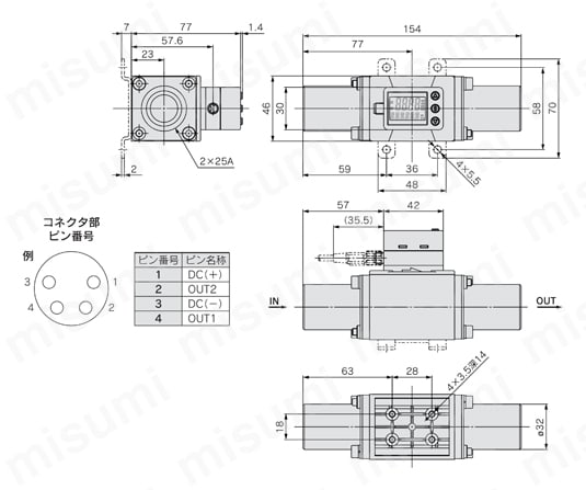 3色表示 塩化ビニル製配管対応デジタルフロースイッチ PF3Wシリーズ 表示一体型:PF3W711-U25外形図