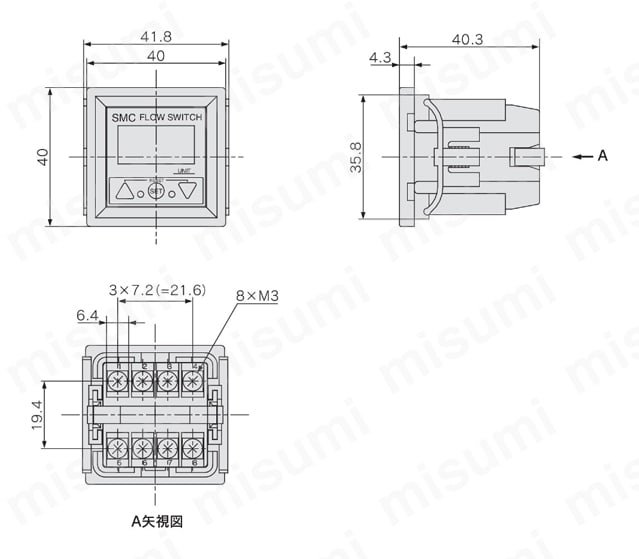 純水・薬液用 デジタルフロースイッチ PF2Dシリーズ 分離型・モニタ部:PF2D300/301-Aパネルマウントタイプ外形図