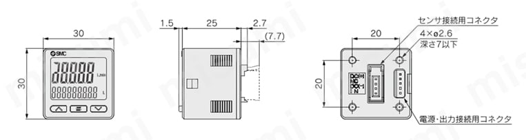 3画面 デジタルフローモニタ PFG300シリーズ 外形図